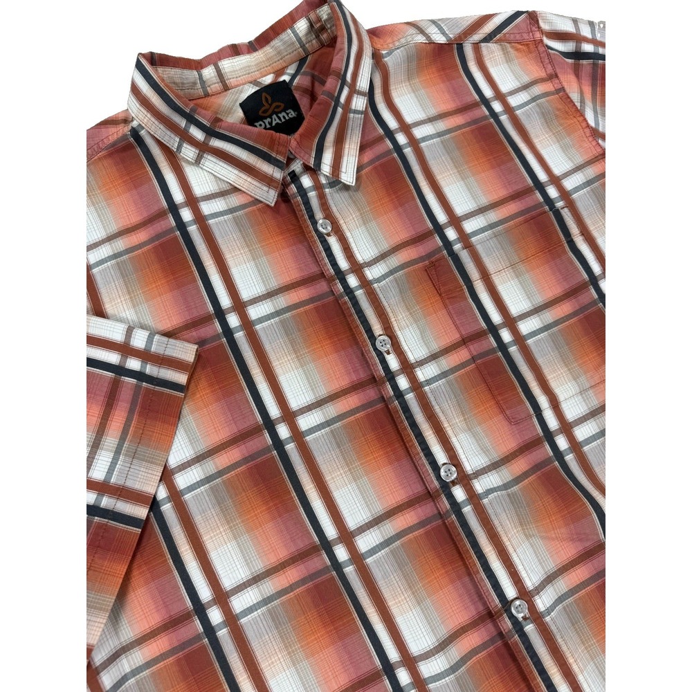 Prana Shirt Men's Extra Large Brown Plaid Short Sleeve Button Up Casual Hiking